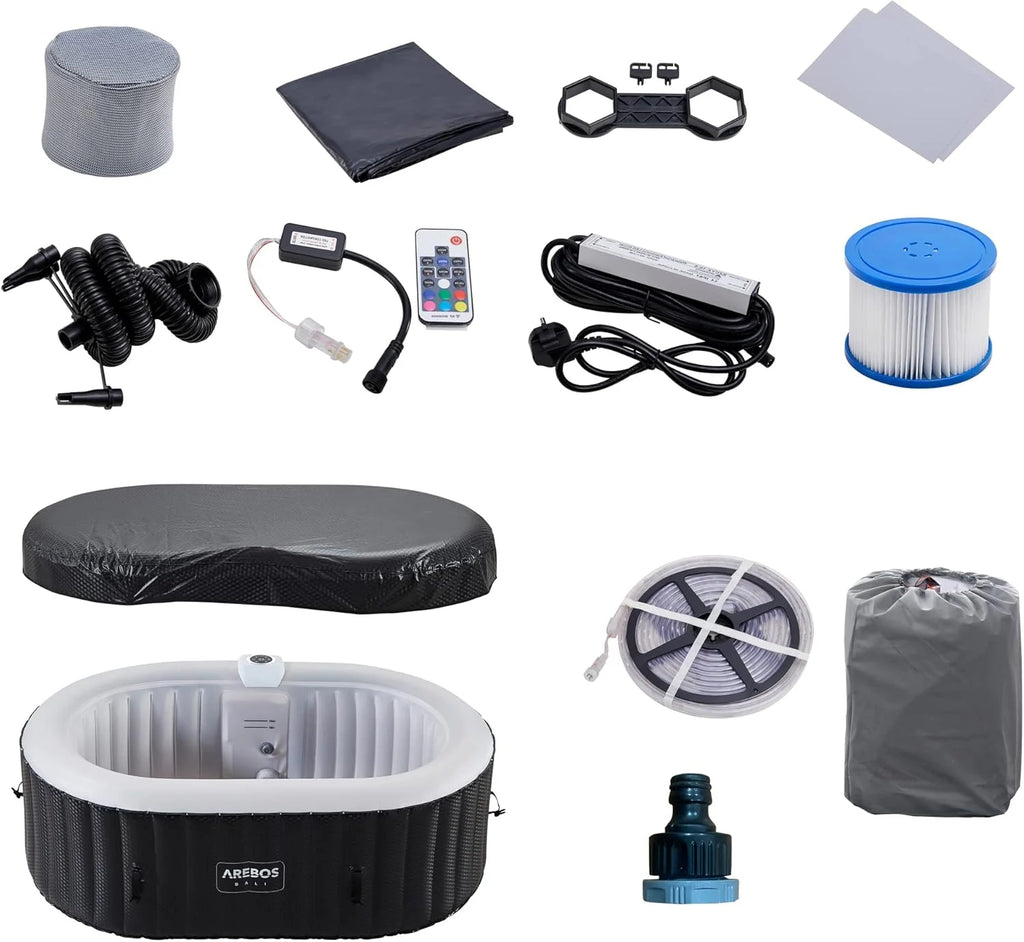 Banheira de Hidromassagem Arebos com iluminação LED | SPA Inflável | Interno e Externo | 190x120 cm Oval | 2 Pessoas | 90 jatos de Massagem | Aquecida | 550 Litros | Inclui Cobertura