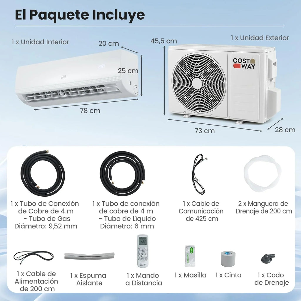 Ar Condicionado Split COSTWAY, 2,6 kW, Ar Condicionado com Aquecimento e Bomba de Calor, Refrigerante: R32, Aquecedor e Resfriador com Kit de Instalação para Cômodos de até 70m³ (9000BTU)