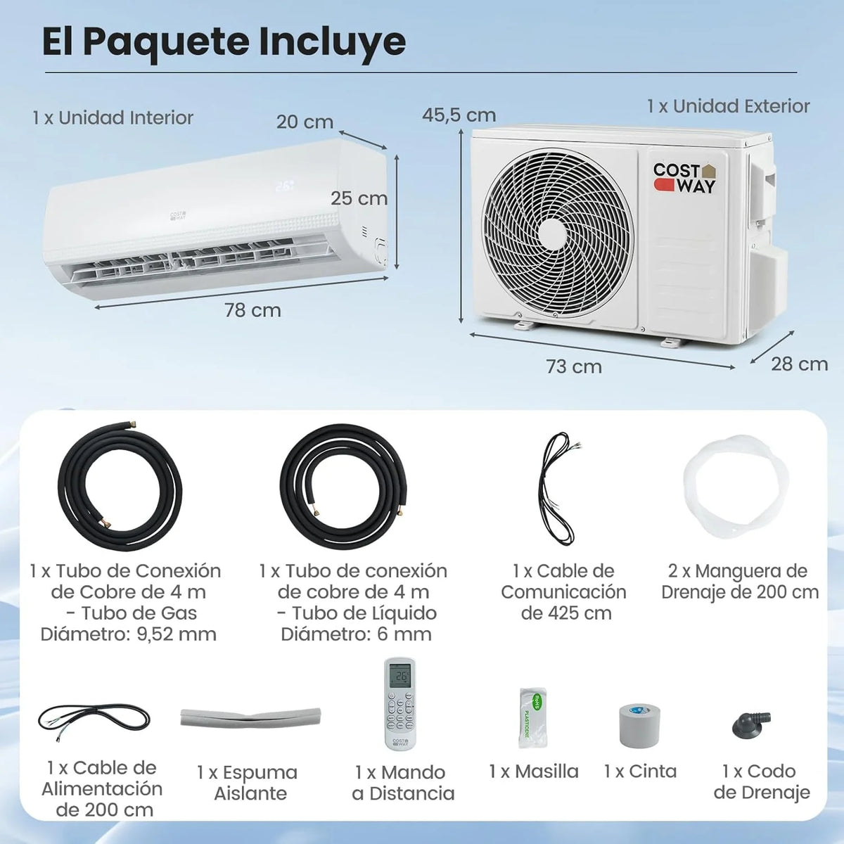 Ar Condicionado Split COSTWAY, 2,6 kW, Ar Condicionado com Aquecimento e Bomba de Calor, Refrigerante: R32, Aquecedor e Resfriador com Kit de Instalação para Cômodos de até 70m³ (9000BTU)