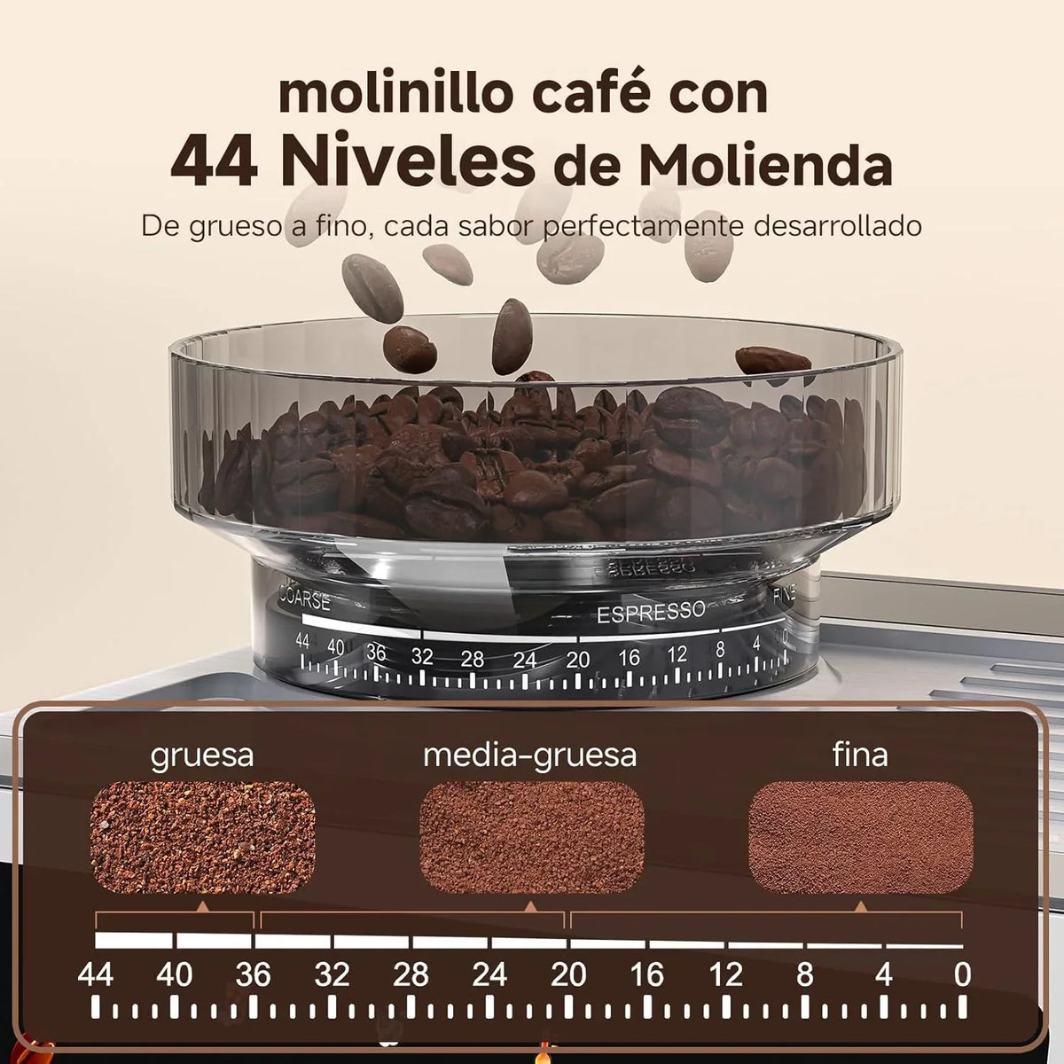 Máquina de Café Espresso AMZCHEF com Moedor Integrado 20 Bares – Cafeteira com 44 Configurações de Moagem, Vaporizador de Leite, 4 Temperaturas, Função Café Frio, Aço Inoxidável, Reservatório de 1,8L