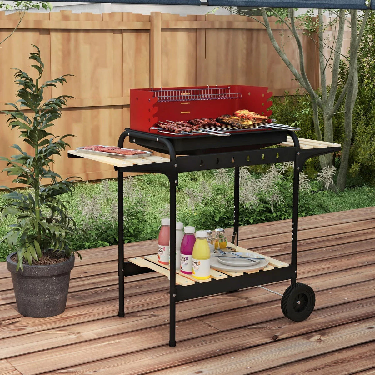 Churrasqueira a Carvão Outsunny Metal Pino, 103x47x95 cm, Vermelho e Preto