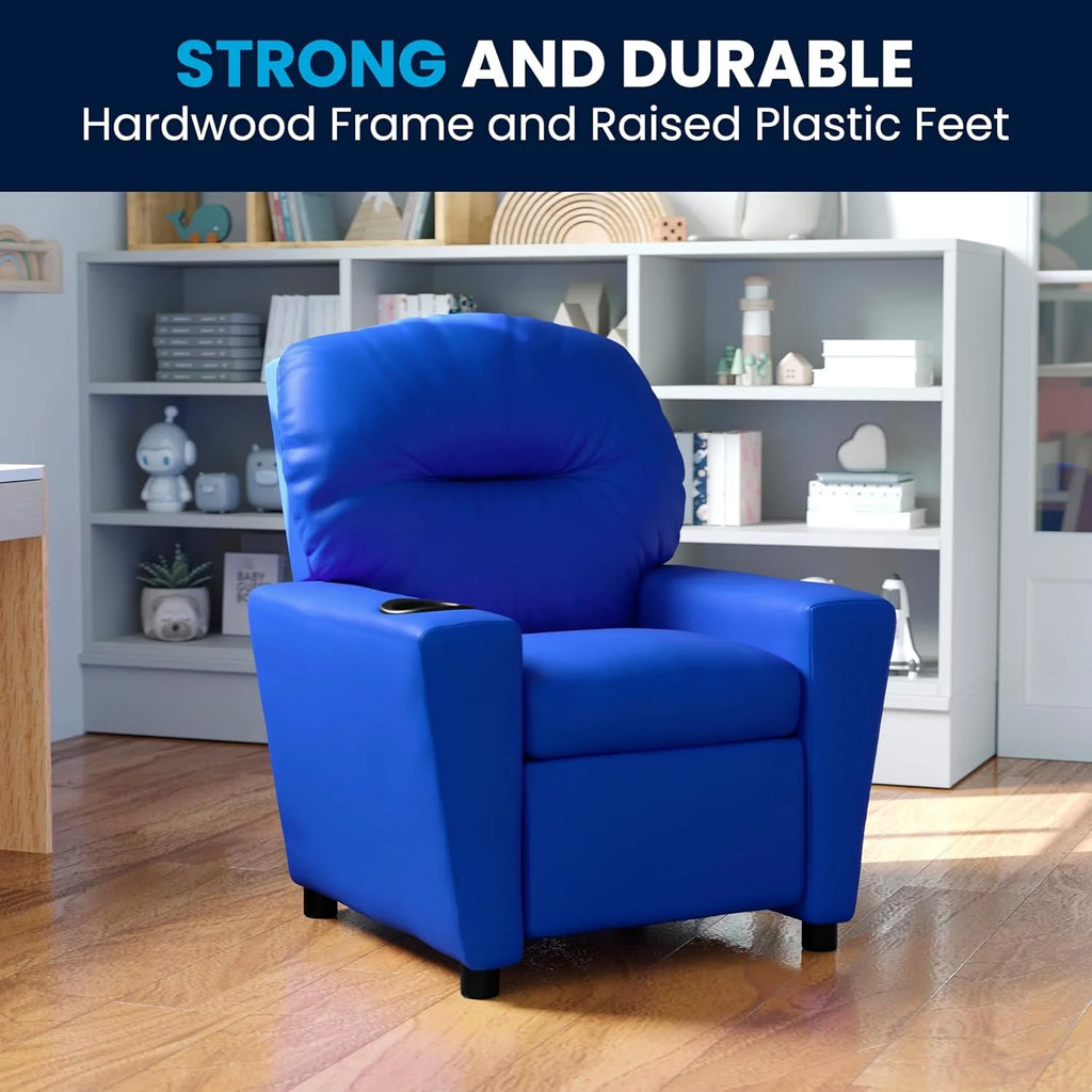 Poltrona Reclinável Infantil Contemporânea Flash Furniture com Porta-Copos, Madeira, Vinil Bege, 66,04 x 53,34 x 53,34 cm