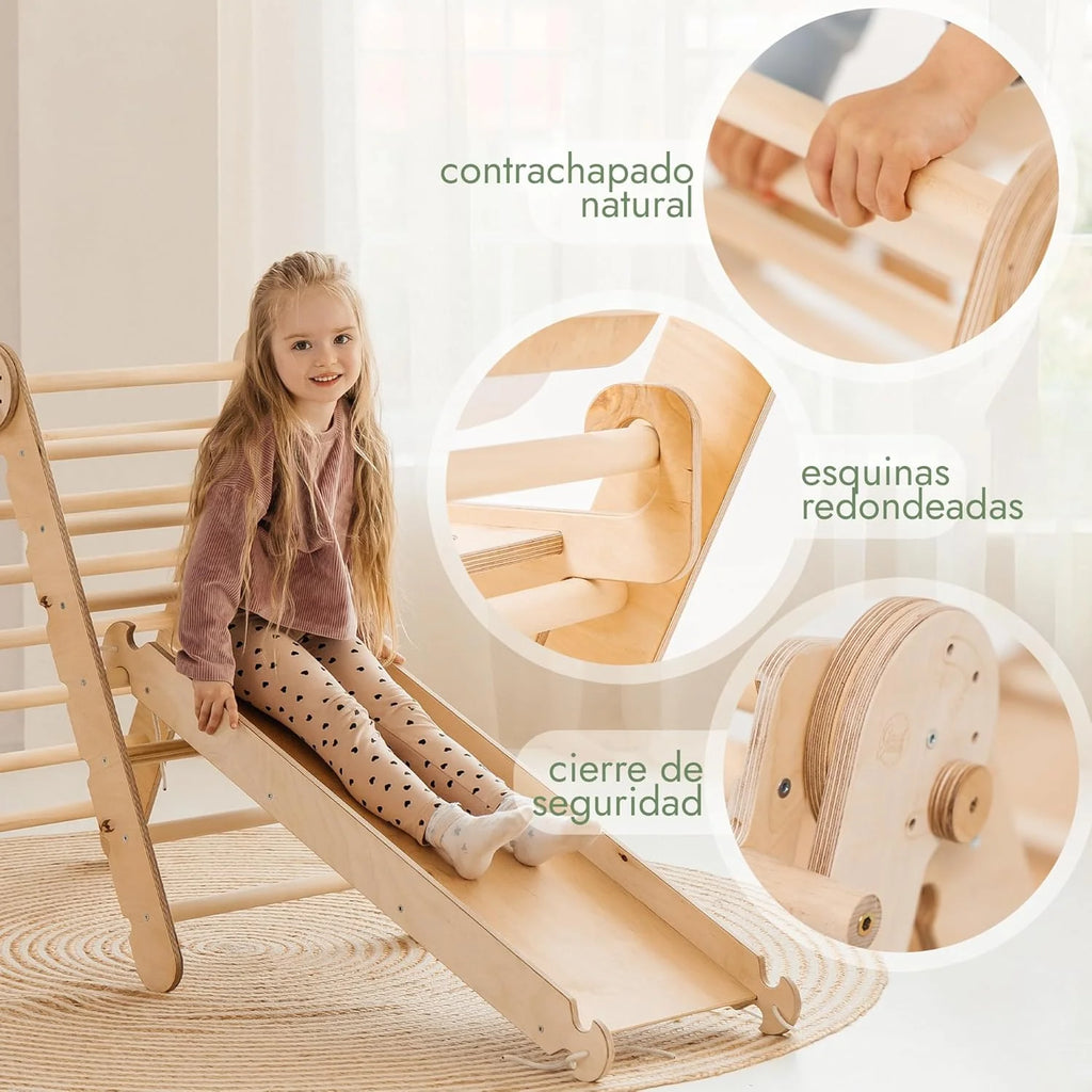 Conjunto de Escalada Montessori 5 em 1 para Crianças - Ginásio de Escalada de Madeira com Escada Triângulo, Arco, Rampa de Escalada, Rede e Almofada - Ginásio de Madeira para Crianças