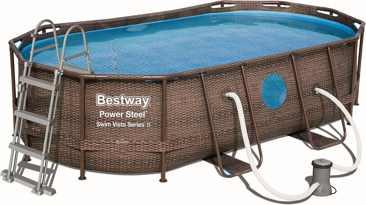 BESTWAY - Piscina Estrutural Tubular Power Steel 427x250x100 cm Bomba Filtrante 2.006 l/h Escada e Capa Design Rattan