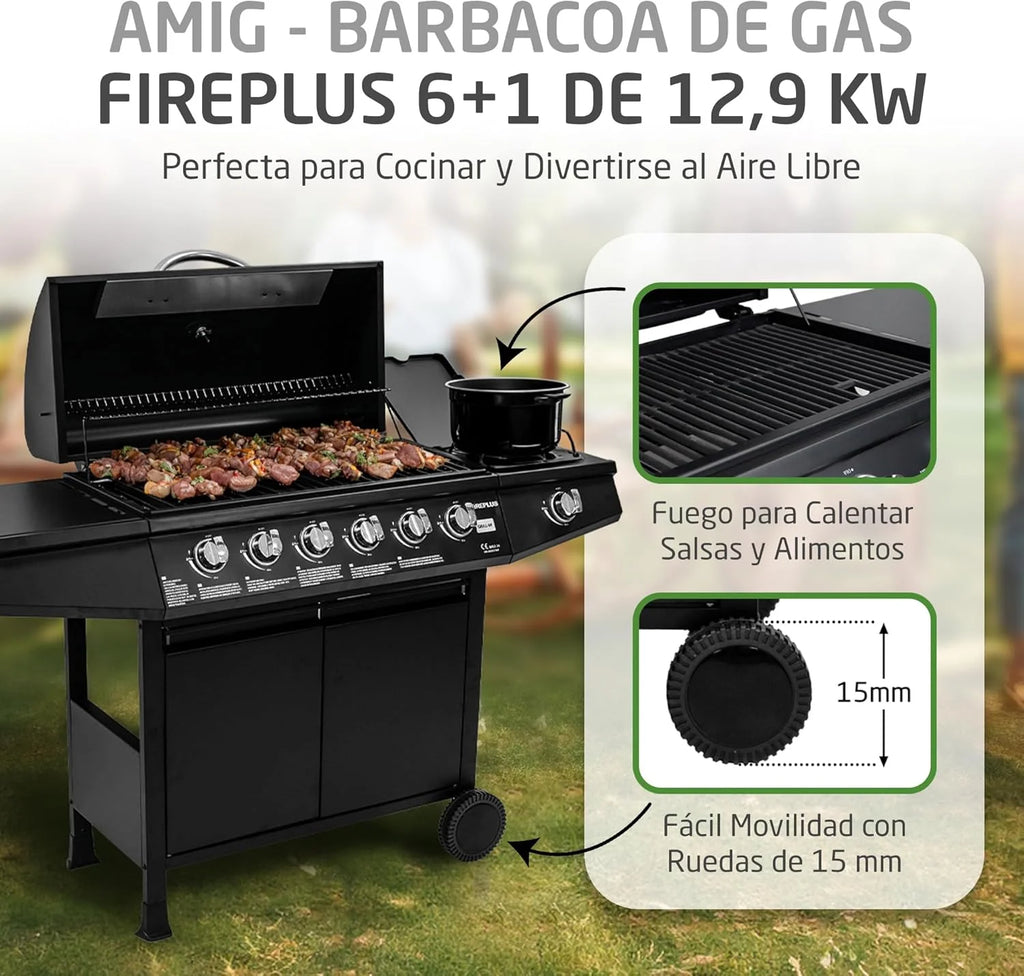 Amig - Churrasqueira a Gás Fireplus 6+1 de 12,9 kW - Aço Inoxidável Preto - Grelhador com Rodas Modelo GRILL-6F - Churrasqueira XXL com Carro e Termômetro - 138x52x103 cm - 7 Queimadores e Bandeja Lateral