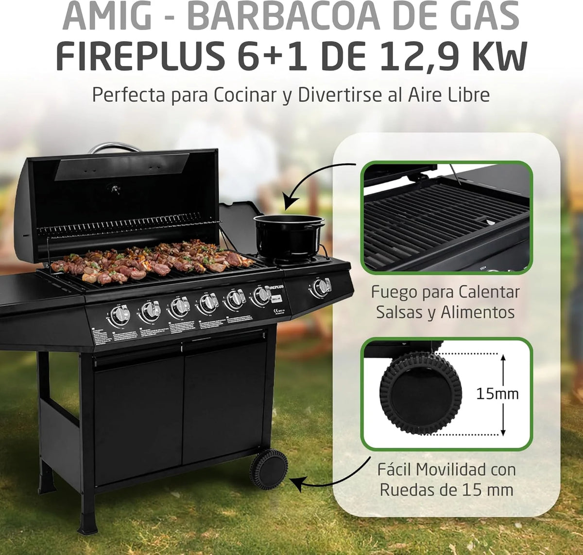 Amig - Churrasqueira a Gás Fireplus 6+1 de 12,9 kW - Aço Inoxidável Preto - Grelhador com Rodas Modelo GRILL-6F - Churrasqueira XXL com Carro e Termômetro - 138x52x103 cm - 7 Queimadores e Bandeja Lateral