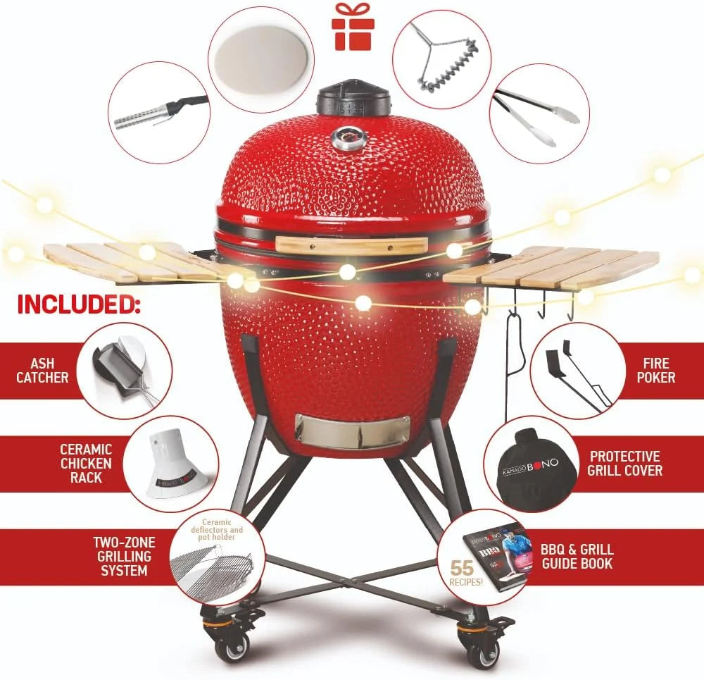 Kamado BONO BBQ - Churrasqueira Grande XXL com 10 acessórios - Ø 59 cm Churrasqueira Kamado com Acessórios - Grelhador defumador vermelho para terraço, varanda ou jardim