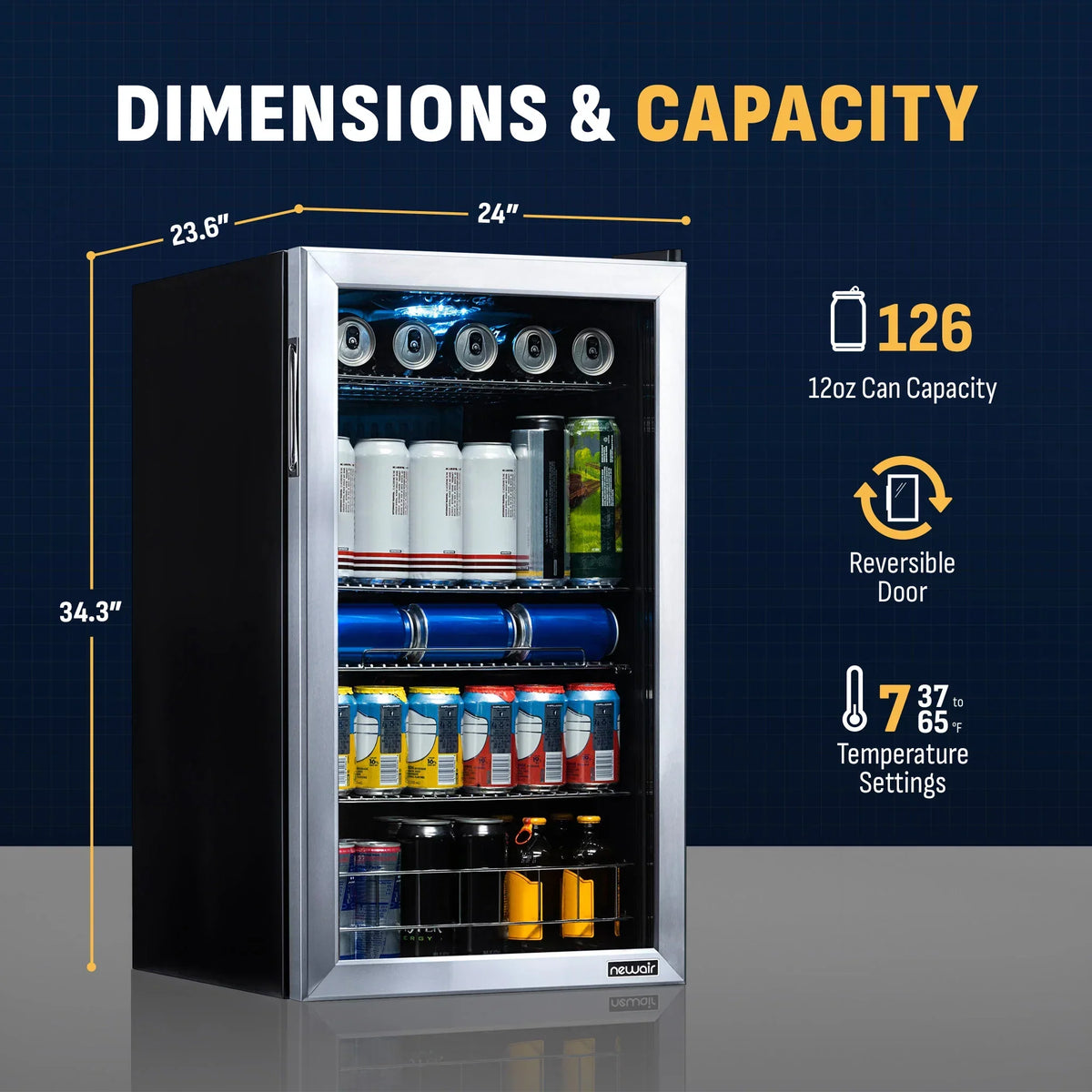 Refrigerador de Bebidas Independente de Aço Inoxidável Newair® 2026 – 126 Latas – 48cm