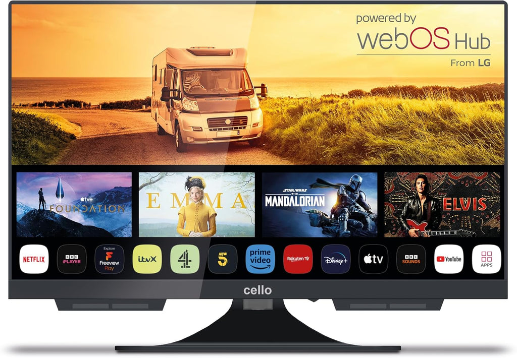 Televisor inteligente Cello sem moldura C1924WS de 19 polegadas, 12 volts, com WebOS rápido, alto-falante Bluetooth, Netflix, ideal para trailers e caminhões.