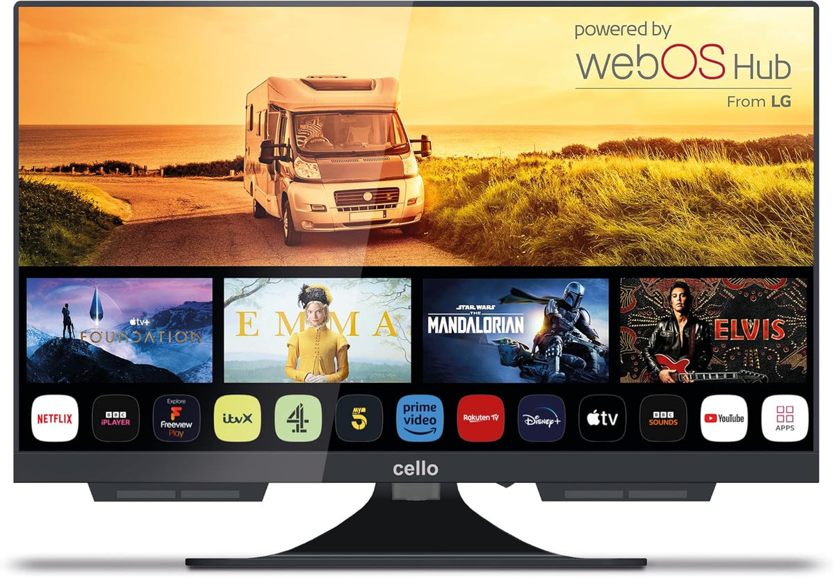 Televisor inteligente Cello sem moldura C1924WS de 19 polegadas, 12 volts, com WebOS rápido, alto-falante Bluetooth, Netflix, ideal para trailers e caminhões.