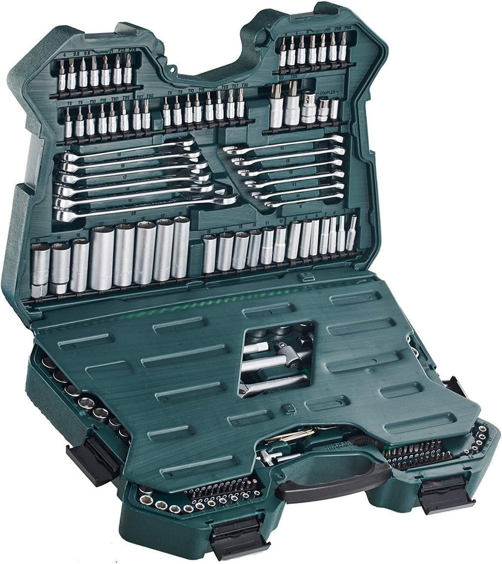 Mannesmann M98430 - Maleta de soquetes e outras ferramentas (215 peças, tamanho: 12x36x51 cm), Cor Verde Mannesmann