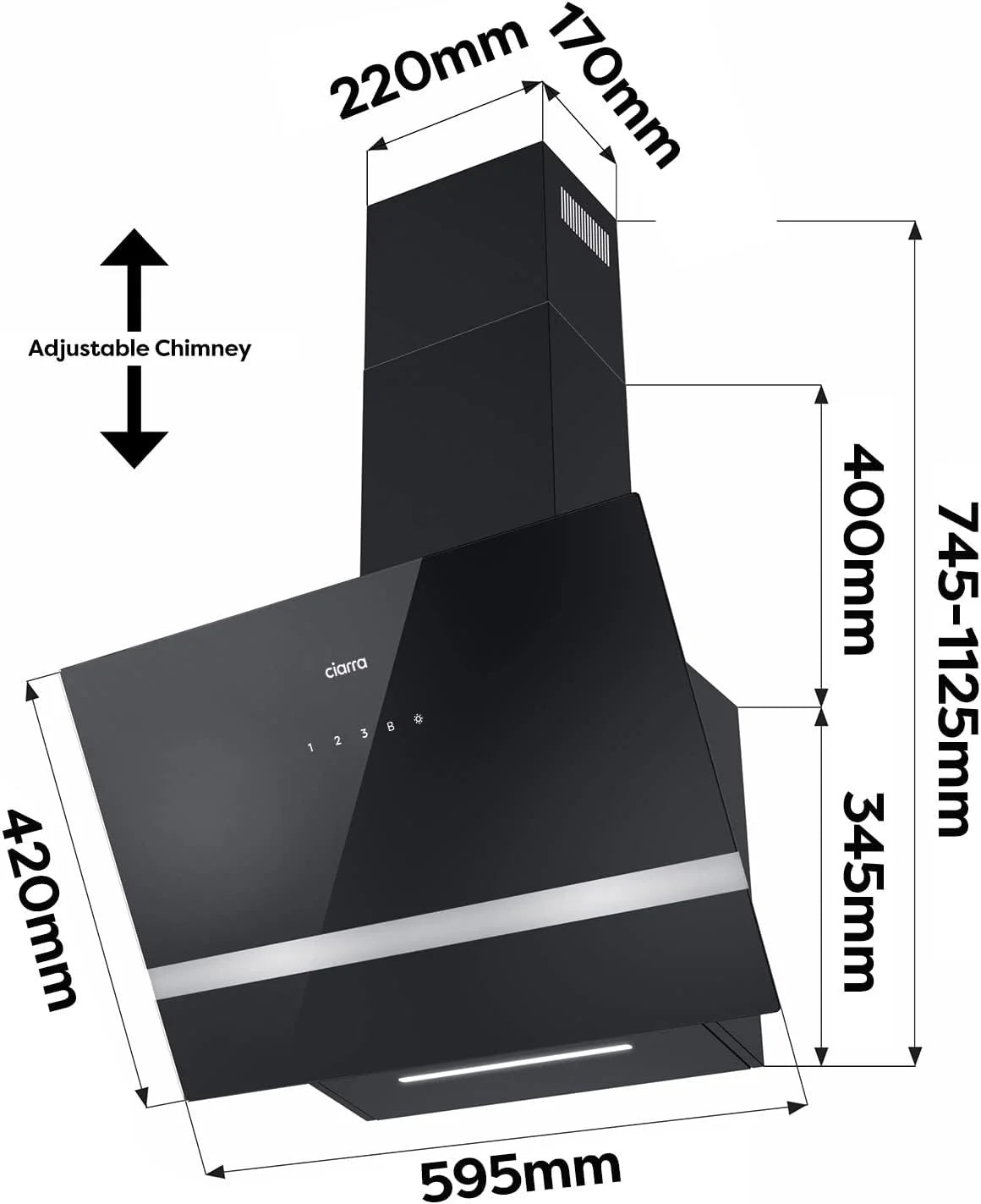 CIARRA CBCB6736H Coifa de Parede 60cm Classe A+++ 3 Velocidades Exaustão Externa e Recirculação Interna por Filtro de Carvão CBCF003 Luz LED