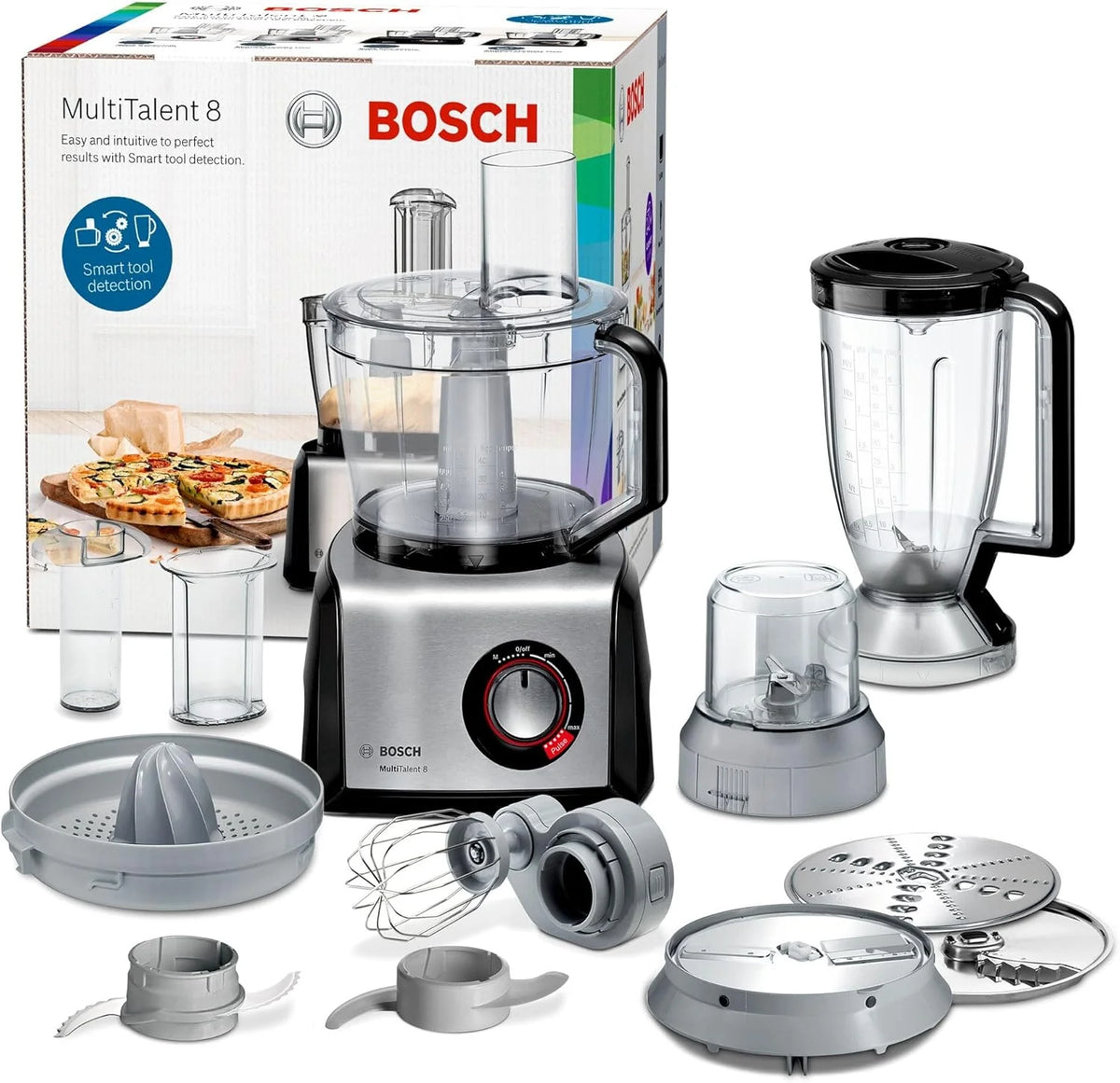 Bosch MultiTalent 8, Robô de Cozinha com Disco para Batatas Fritas e Moedor de Grãos, 1250 W, Tigela Grande de 3,9 l, Liquidificador de 1,5 l, Espremedor de Cítricos, Display LED, MC812M844, Branco, Aço Escovado
