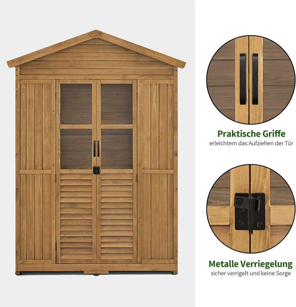 Armário de Jardim de Madeira M MCombo Resistente às Intempéries, Galpão de Ferramentas Externo à Prova D'Água, 74×143×200 cm (Natureza)