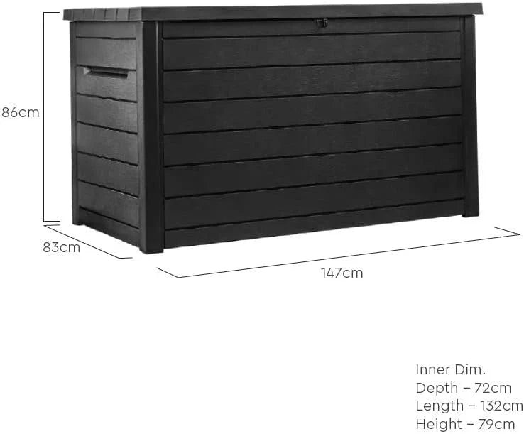 Keter Baú XXL Ontario, Grafite, Capacidade de 870 L, Dimensões Externas: 147 x 83 x 86 cm, Caixa de Armazenamento Impermeável para Exterior
