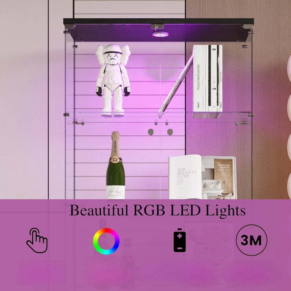 Vitrine de Vidro com Iluminação, Porta com Fechadura, 4 Prateleiras - Vitrine Grande para Coleções, Vitrine de Chão para Sala ou Escritório (Fundo Espelhado)
