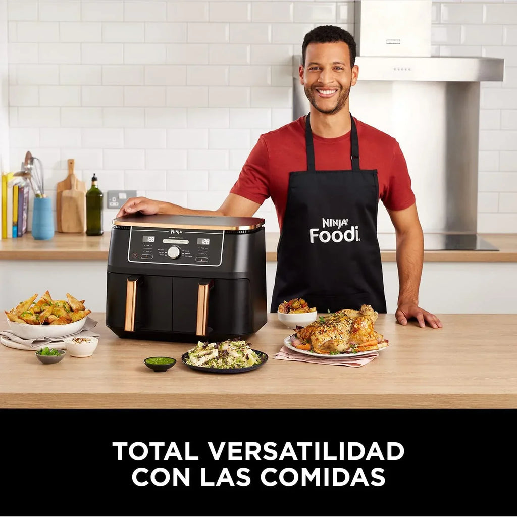 Fritadeira Ninja Foodi MAX de Compartimento Duplo, 9.6L, 6 em 1, Sem Óleo, Max Crisp, Assar, Grelhar e Mais, Pinças, 8 Porções, Cestos Antiaderentes, Cobre e Preto, AF400EUCP
