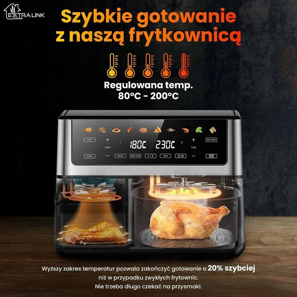 Fritadeira de Ar Extralink Dual Basket com Janela, 2 Cestos, 2500 W, 6,5 l e 3,5 l, Prateada