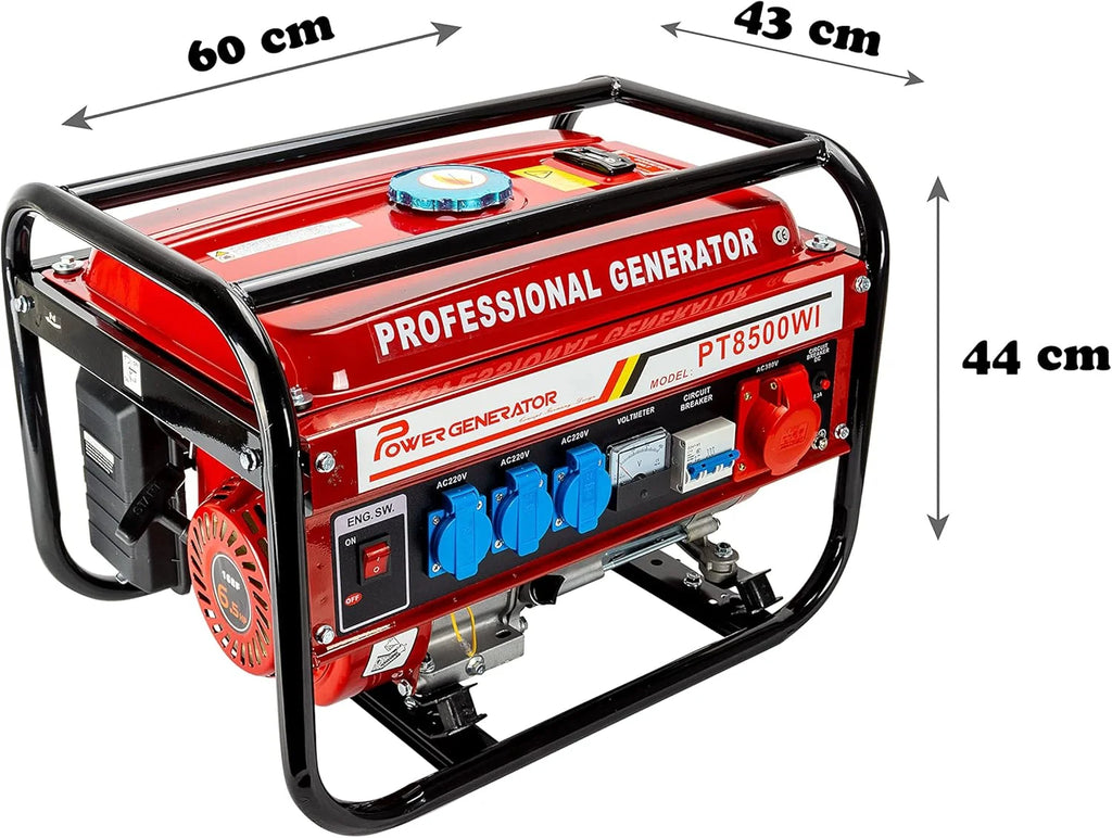 Gerador a gasolina | Acessórios incluídos | Gerador de energia silencioso | 5 tomadas 3 x 230 V / 1 x 400 V / 1 x 12 V | 6,5 CV