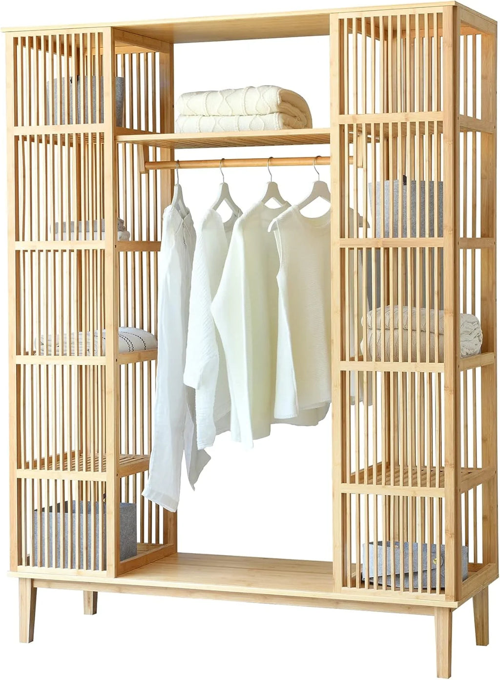 [en.casa] Guarda-Roupa com 2 Portas Deslizantes Roupeiro com 12 Prateleiras e 1 Varão de Bambu 185 x 140 x 45 cm Natural