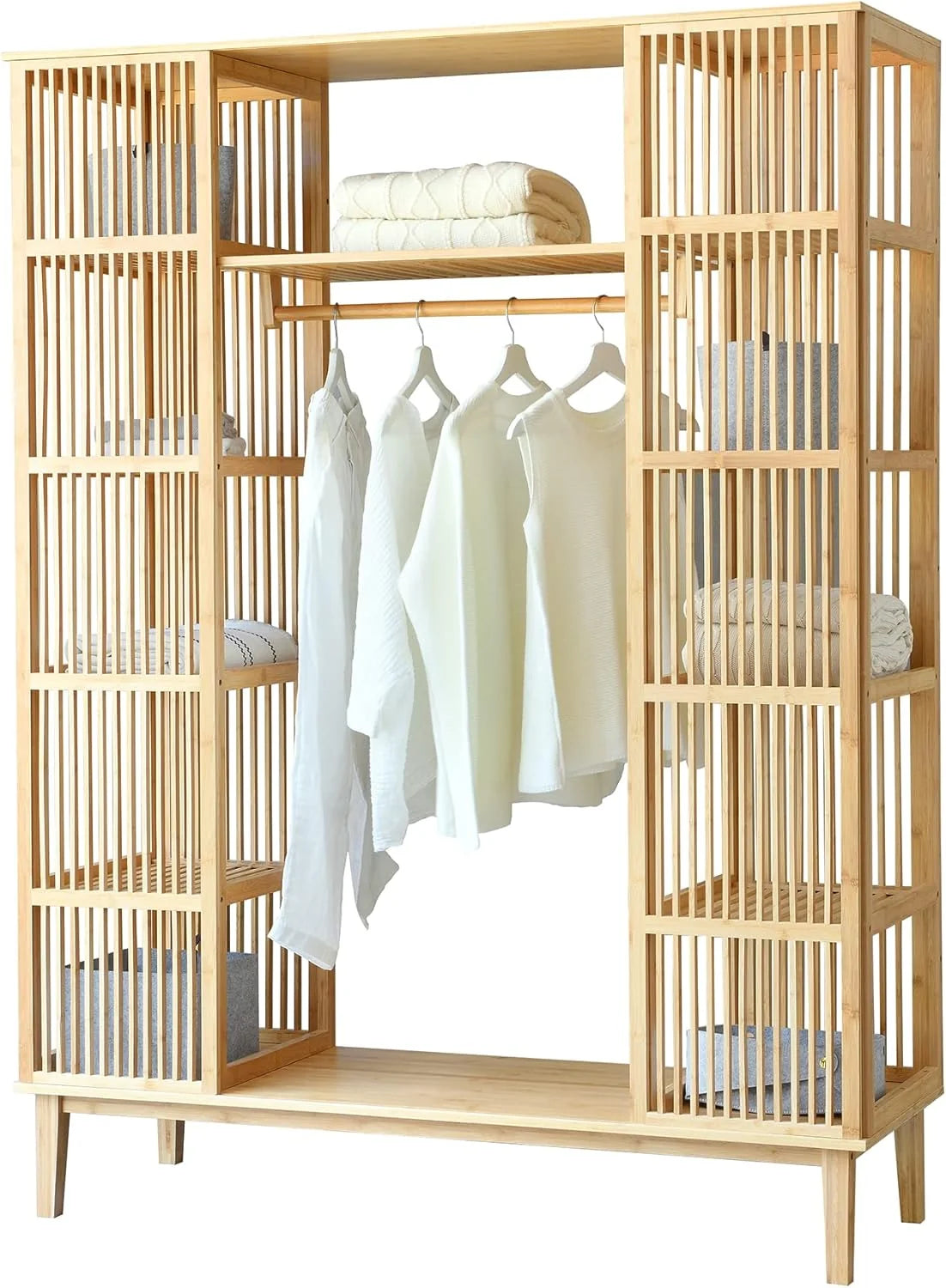 [en.casa] Guarda-Roupa com 2 Portas Deslizantes Roupeiro com 12 Prateleiras e 1 Varão de Bambu 185 x 140 x 45 cm Natural