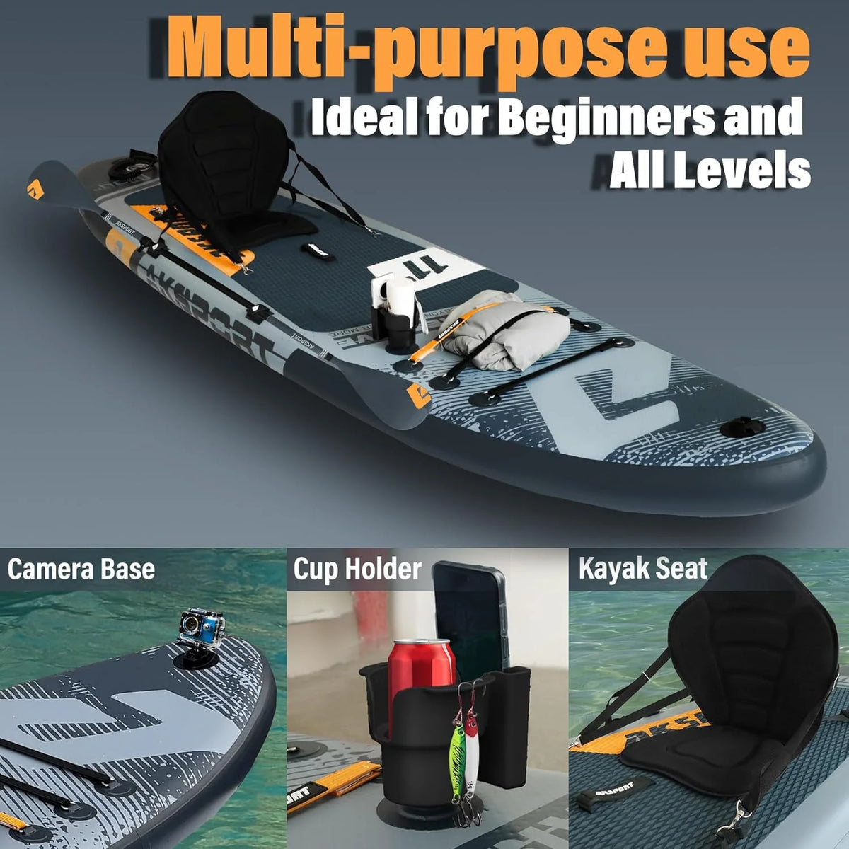 AKSPORT Prancha de paddleboard inflável, prancha de surfe inflável com todos os acessórios, design largo e estável, prancha antiderrapante, prancha de remo para jovens e adultos