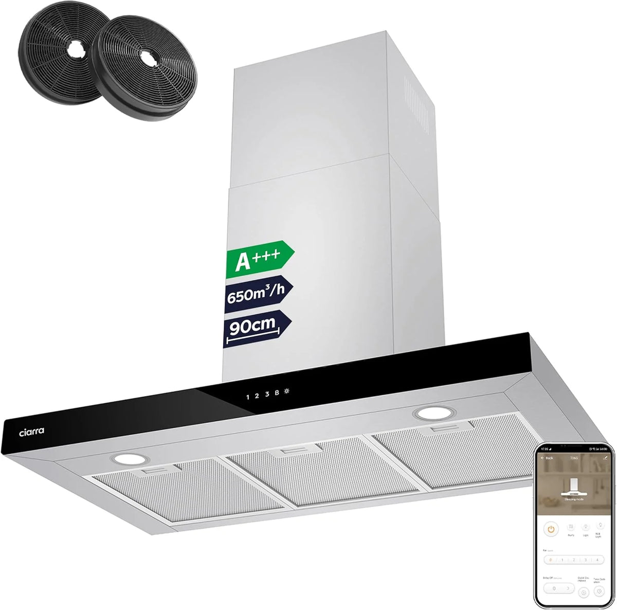 CIARRA CBCS9102 Coifa de Parede 90 cm Classe A+++ 650 m³/h WIFI Controle por Toque 4 Velocidades Exaustão e Recirculação Interna por Filtro de Carvão CBCF003