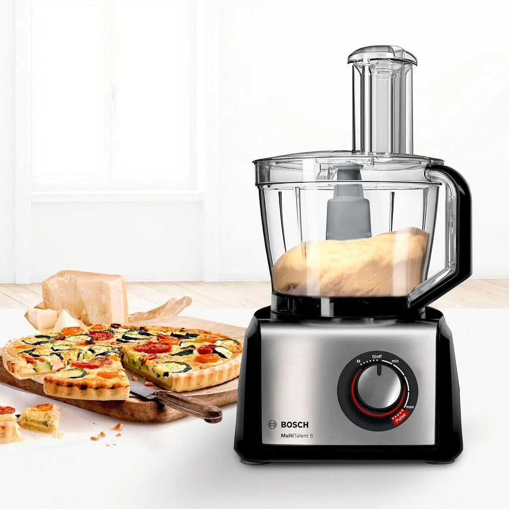 Bosch MultiTalent 8, Robô de Cozinha com Disco para Batatas Fritas e Moedor de Grãos, 1250 W, Tigela Grande de 3,9 l, Liquidificador de 1,5 l, Espremedor de Cítricos, Display LED, MC812M844, Branco, Aço Escovado