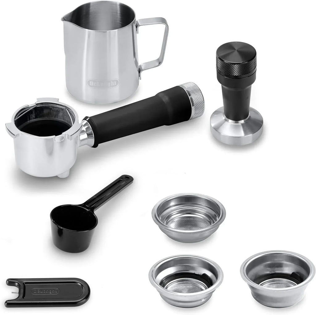 De'Longhi Dedica – Cafeteira de Bomba em Aço Inoxidável para Café Moído ou Saquetas, Espresso e Cappuccino, Reservatório de 1.3 Litros, Sistema Anti-pingo, Modelo EC685.M, Cor Metal