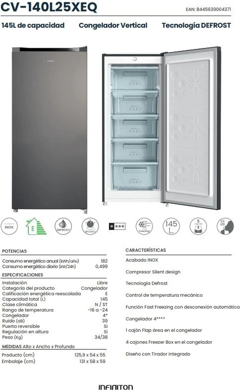INFINITON Congelador Vertical CV-140L25XEQ, 145 Litros, E, Função Congelamento Rápido, Congelador 4****, Gaveta com Aba, Puxador integrado, Porta reversível, Inox