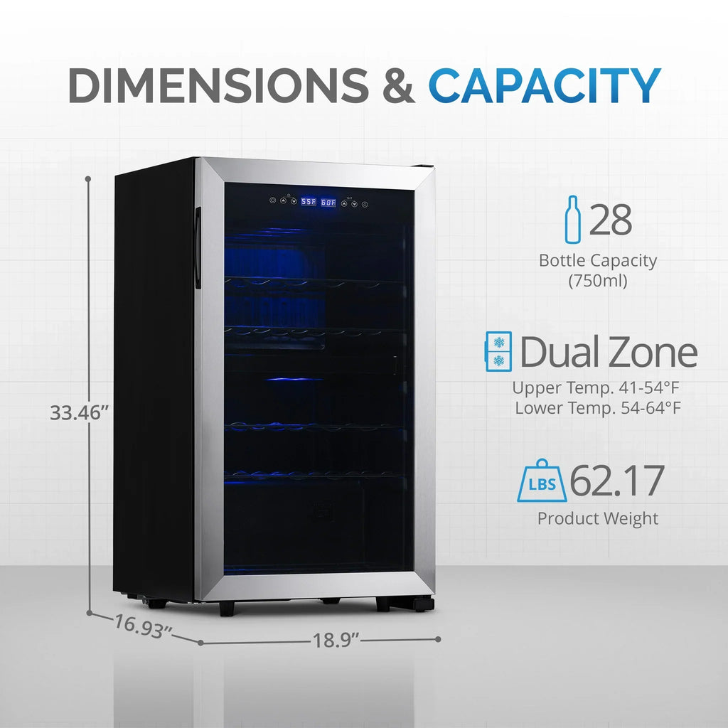 Newair® 2026 Refrigerador de Vinhos Freestanding – 28 Garrafas (48 cm), Duas Zonas, Aço Inoxidável