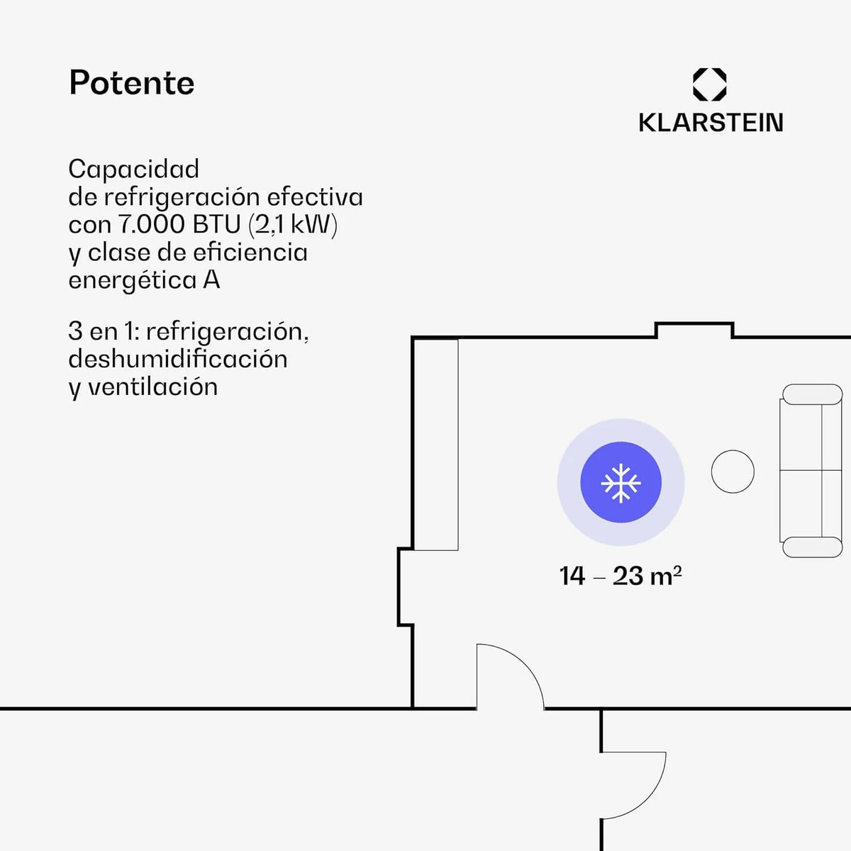 Klarstein Ar Condicionado Portátil e Silencioso, Resfriador de Ar 4 em 1 para Casas e Escritórios com Modo Noturno, com Controle Remoto e Desumidificador, Ar Condicionado de Baixo Consumo 7.000 BTU Branco