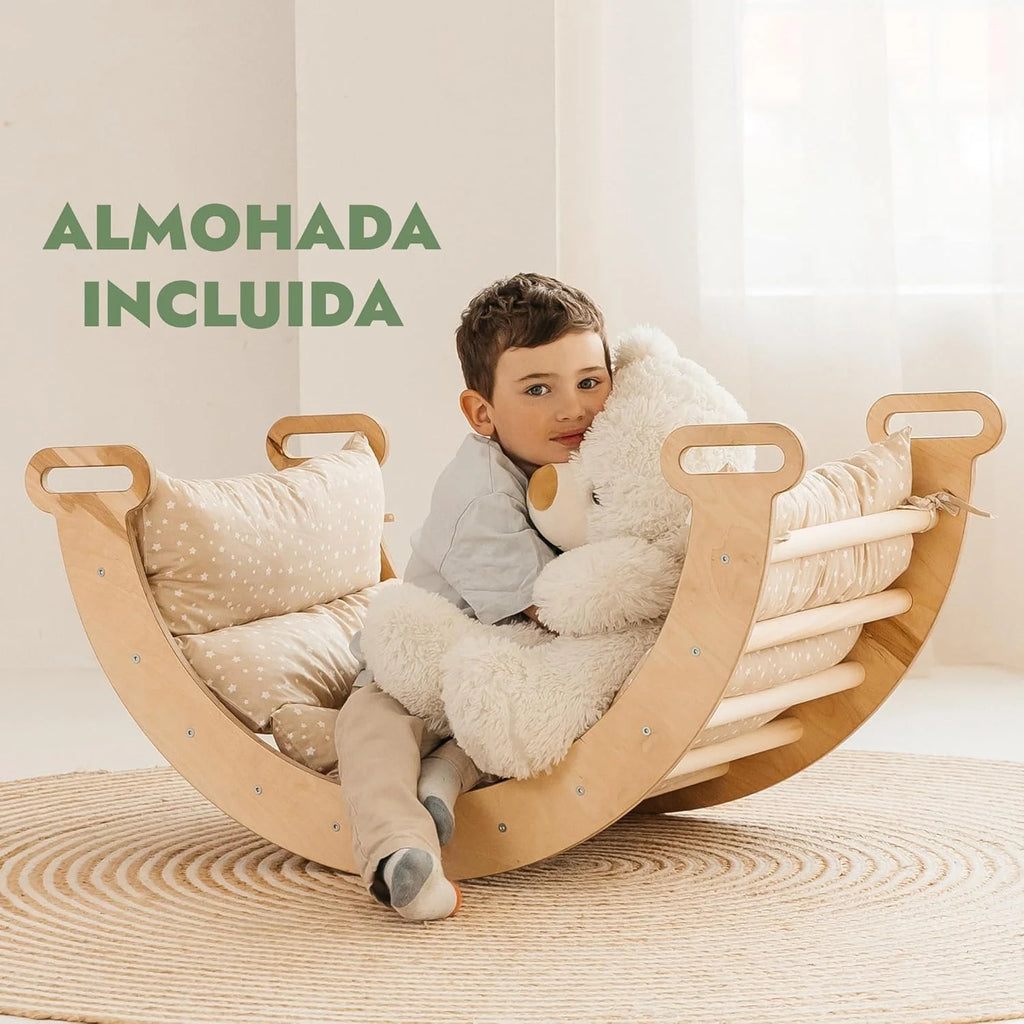 Conjunto de Escalada Montessori 5 em 1 para Crianças - Ginásio de Escalada de Madeira com Escada Triângulo, Arco, Rampa de Escalada, Rede e Almofada - Ginásio de Madeira para Crianças