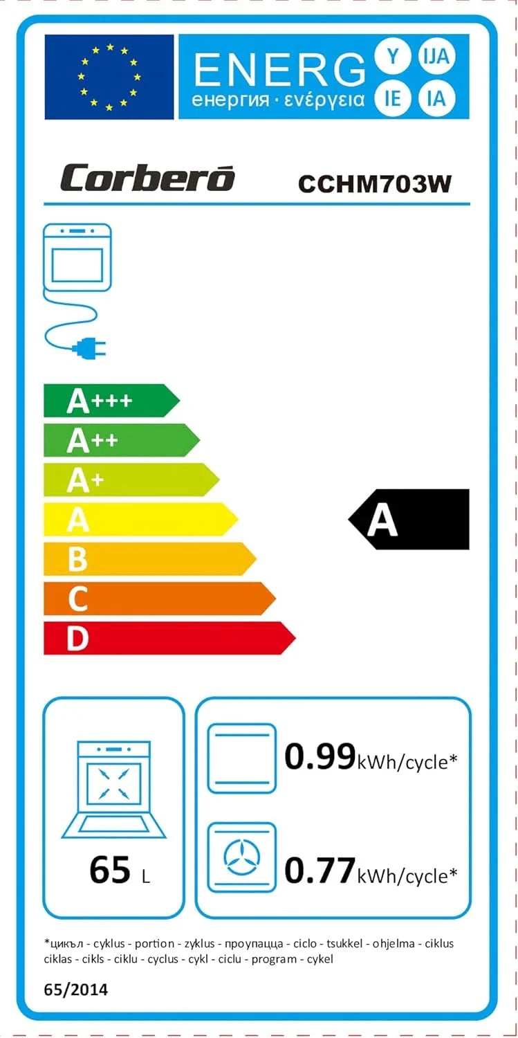 Corbero - Forno Multifunção Hidrolítico 65L | CCHM703W | Limpeza Hidrólise | 8 Programas | (L)59.5 x (A)59.5x57.5 (P) cm | Luz Interior | Porta Vidro Duplo | 3000W Potência | Branco perfil inox