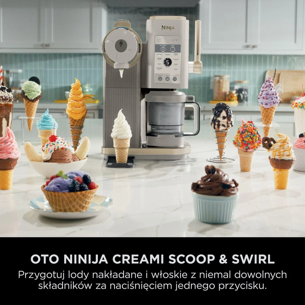 Ninja CREAMi Scoop and Swirl Máquina de Sorvete com 2 Potes, 13 Funções, Faz Sorvete, Gelato, Milkshakes e Mais, Função Mix-in, Dourado, NC701EUSTGD