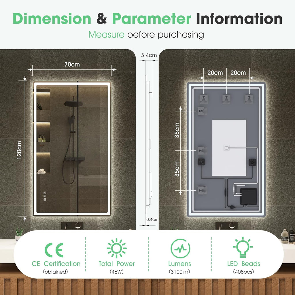S'bagno Espelho de Banheiro com Luz 120x70cm, Espelho de Banheiro LED Bluetooth com Função Antiembaciamento, 3000K/4000K/6500K, Regulável, Memória, Vidro Temperado HD, IP44-Espelhos de Banheiro com LED, Horizontal/Vertical