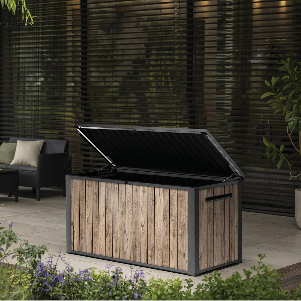Keter Baú de Jardim Sierra 643L, 144 x 67 x 73 cm, Plástico com Aparência de Madeira (Pinho), Tampa com Molas a Gás, Pode Ser Trancado