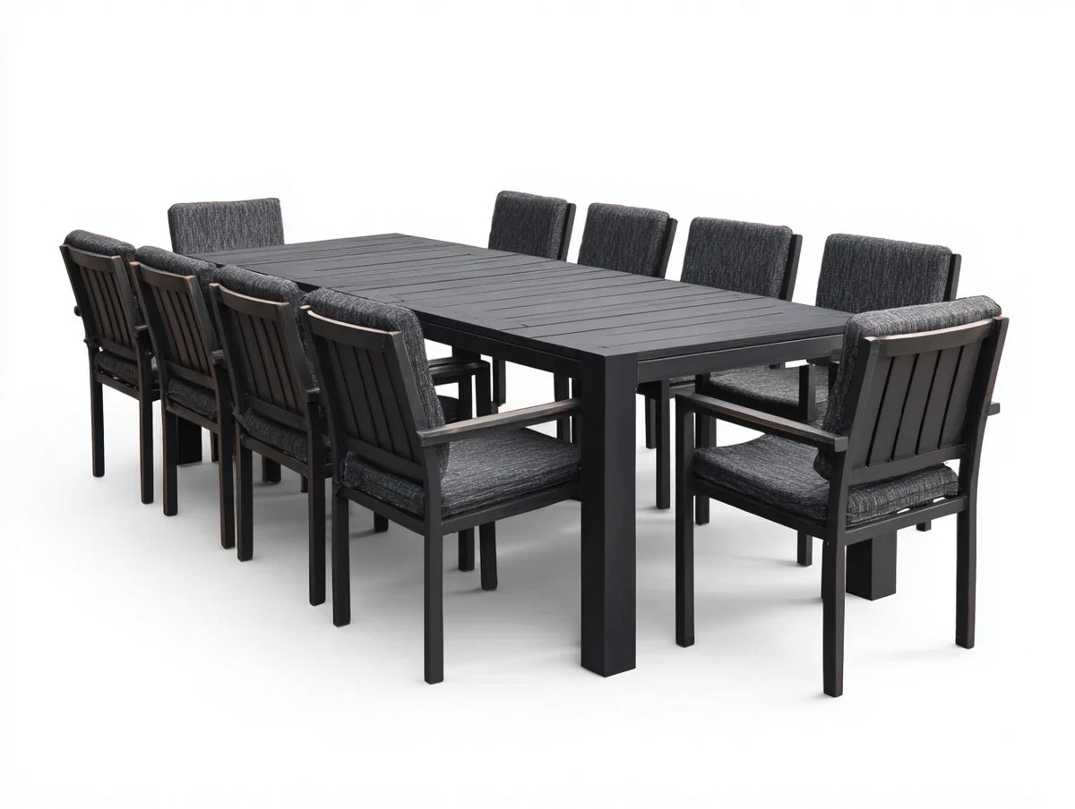 Conjuntos de jantar de jardim 200x100x75 cm - mesa de alumínio com 10 cadeiras estofadas - preto-cinza - design moderno para exterior