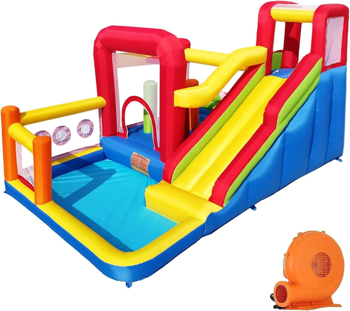 Castelo insuflável infantil com soprador – Multifuncional, rede de segurança, seguro e duradouro, perfeito para qualquer estação, para interior/exterior