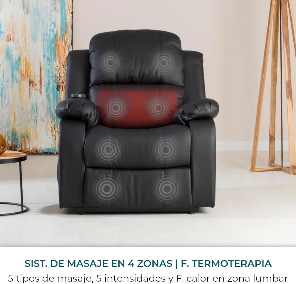 Don Descanso - Poltrona de Massagem Relaxante com Aquecimento Trevi Preta Reclinável 160º com 8 Motores Silenciosos, Aquecimento Lombar, Sistema de Massagem em 4 Zonas e Acabamento em PU Anti-Rachaduras [Inclui Controle Remoto]. Ideal para Idosos