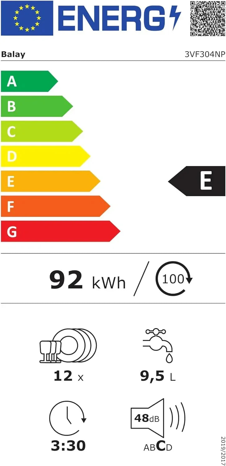 Lava-louças de encastre Balay, 12 serviços, 60 cm de largura, meia carga, programa rápido, silencioso, 3VF304NP