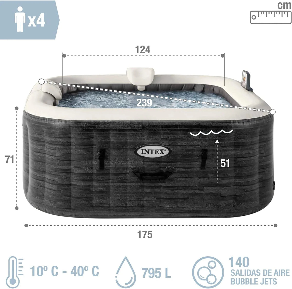 Intex Spa inflável quadrado Greystone Deluxe 4 pessoas, 175x175x71 cm, Aquecedor 2.200 W, Bolhas de ar quente, Clorador salino, Bomba filtrante com filtro S2 (1.741 l/h), Acessórios incluídos (55093)