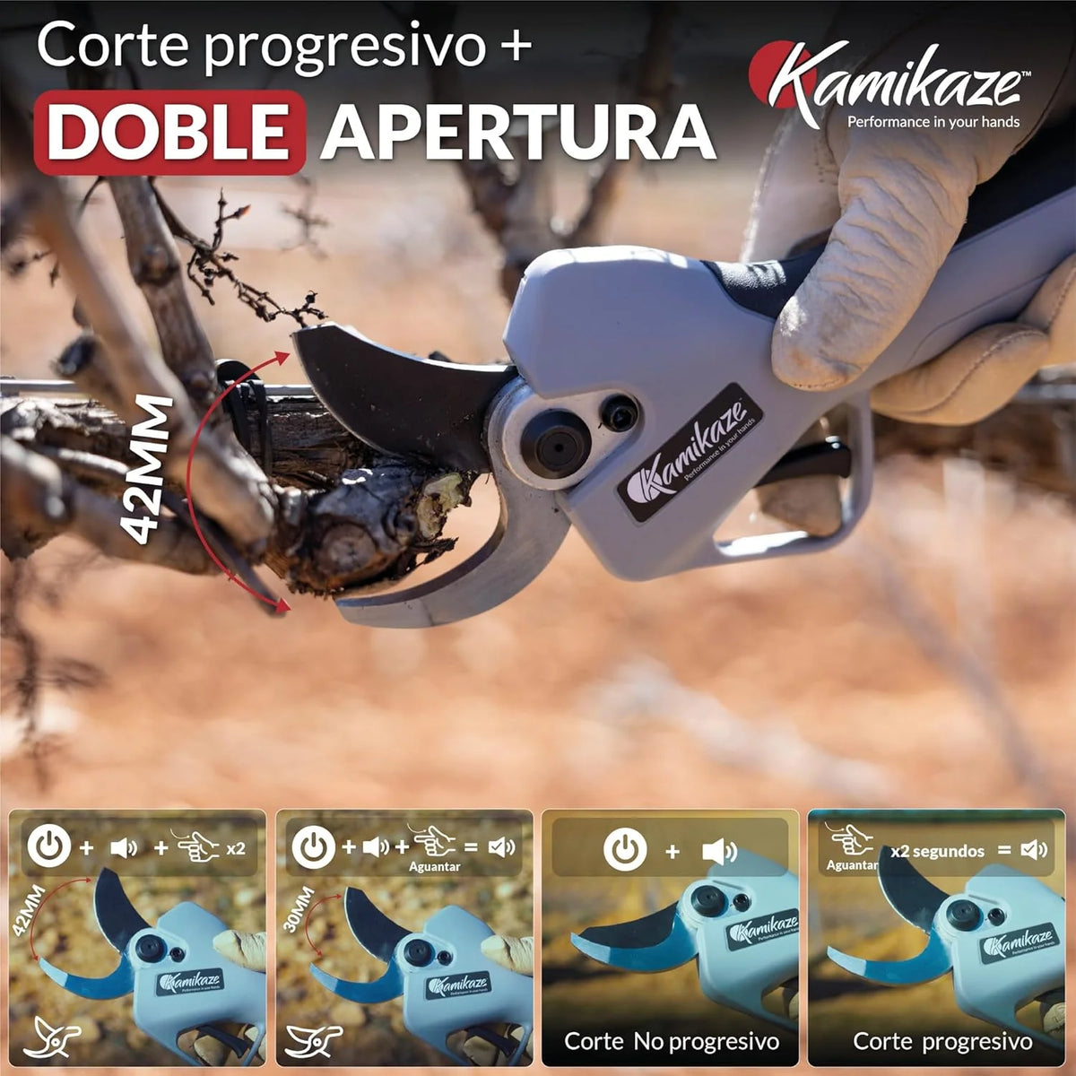 KAMIKAZE KV390 Tesoura de Poda Elétrica Profissional com Bateria de Lítio 21,6V, Ø35mm de Corte, 2 Baterias e Carregador Triplo, Ecrã Inteligente, Kit de Manutenção e Mala de Transporte
