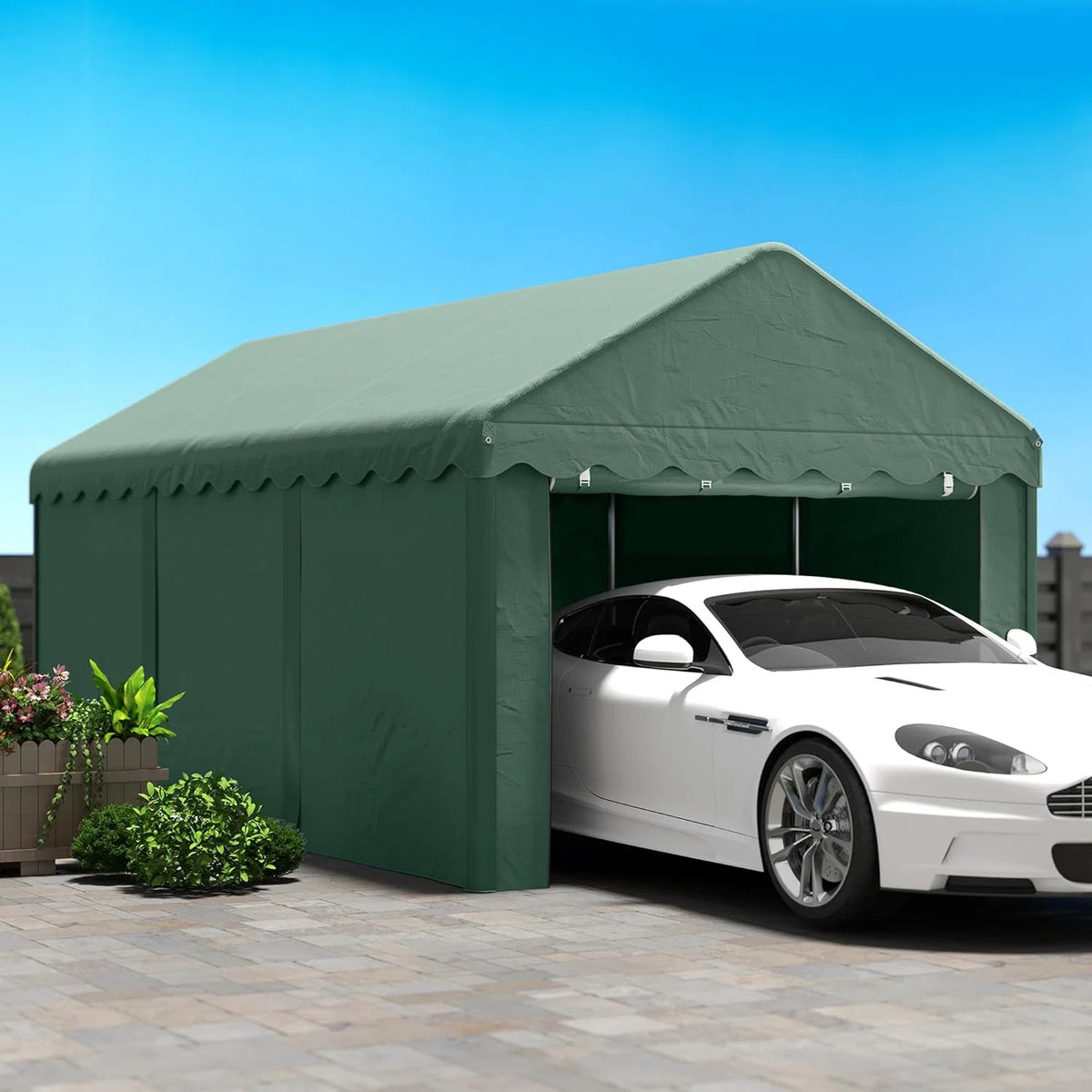 Outsunny Garagem Barraca 6x3m Garagem Externa para Carro Impermeável Garagem Portátil Anti-UV com Paredes Laterais Removíveis e 2 Portas com Zíper Verde