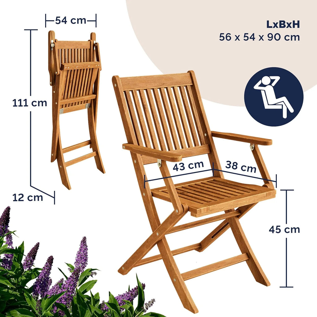 CASARIA® Conjunto de Mesa e 4 Cadeiras para Jardim Externo FSC® Madeira de Acácia Conjunto de Jantar Varanda Terraço Pátio 5 Peças Mesa Dobrável Assentos Braços Durável Resistente às Intempéries 120 x 70 cm