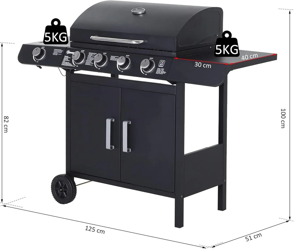 Churrasqueira a Gás Outsunny com 4+1 Queimadores 14,4 KW Mesas Laterais Armário de Armazenamento Termômetro e 2 Rodas Churrasco de Aço Inoxidável 125 x 51 x 100 cm Preto