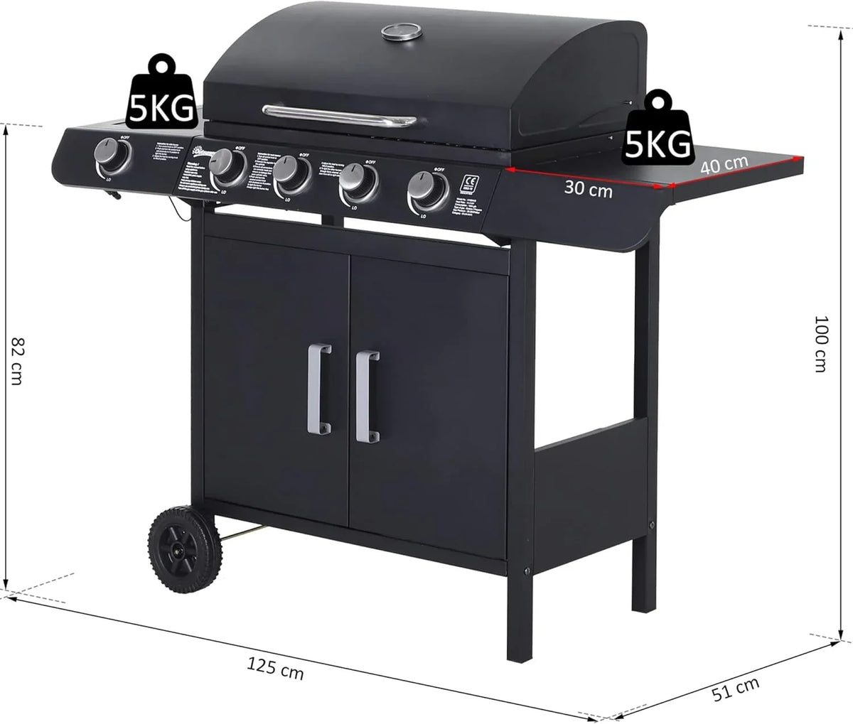 Churrasqueira a Gás Outsunny com 4+1 Queimadores 14,4 KW Mesas Laterais Armário de Armazenamento Termômetro e 2 Rodas Churrasco de Aço Inoxidável 125 x 51 x 100 cm Preto