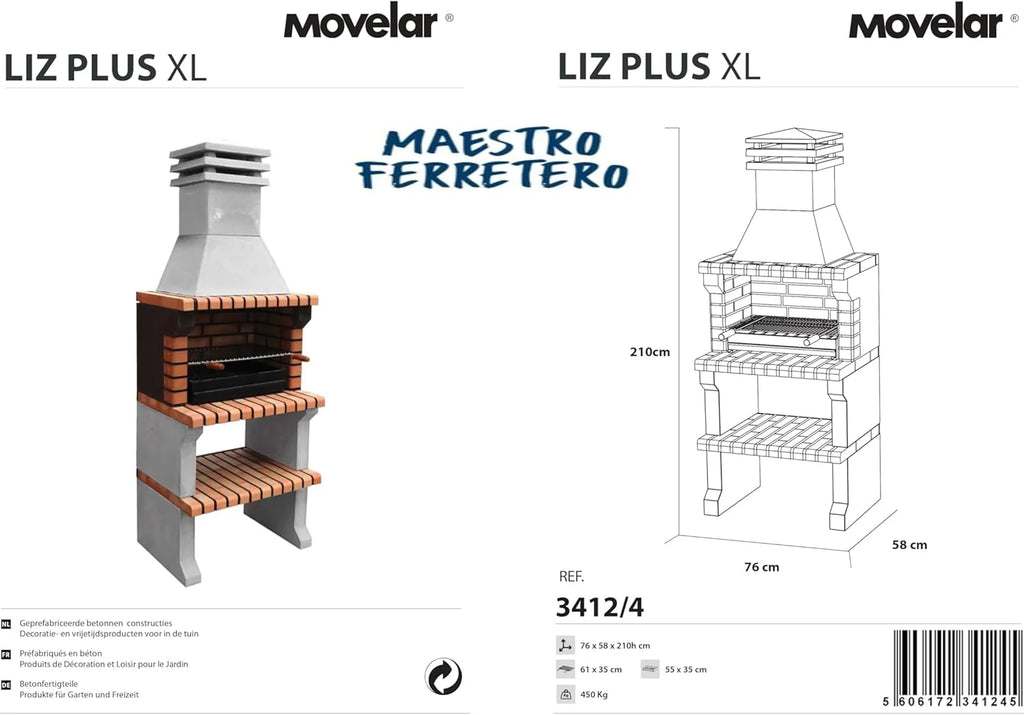 MOVELAR - Churrasqueira de Obra Pré-fabricada a Lenha e Carvão Modelo Liz XL (Cinza, Laranja - 76 x 58 x 210 cm) REF: 3412/4 - Cozinha Compacta de Exterior para Jardim, Terraço ou Pátio