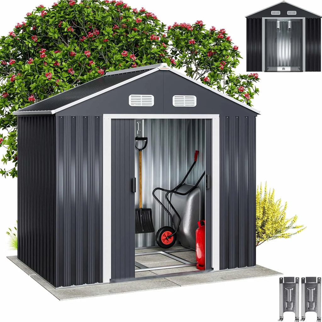 GARDEBRUK® Galpão de Jardim 2 m² 196x132x188cm Armazenamento de Metal Exterior 4m³ com Base Porta Deslizante Antracite