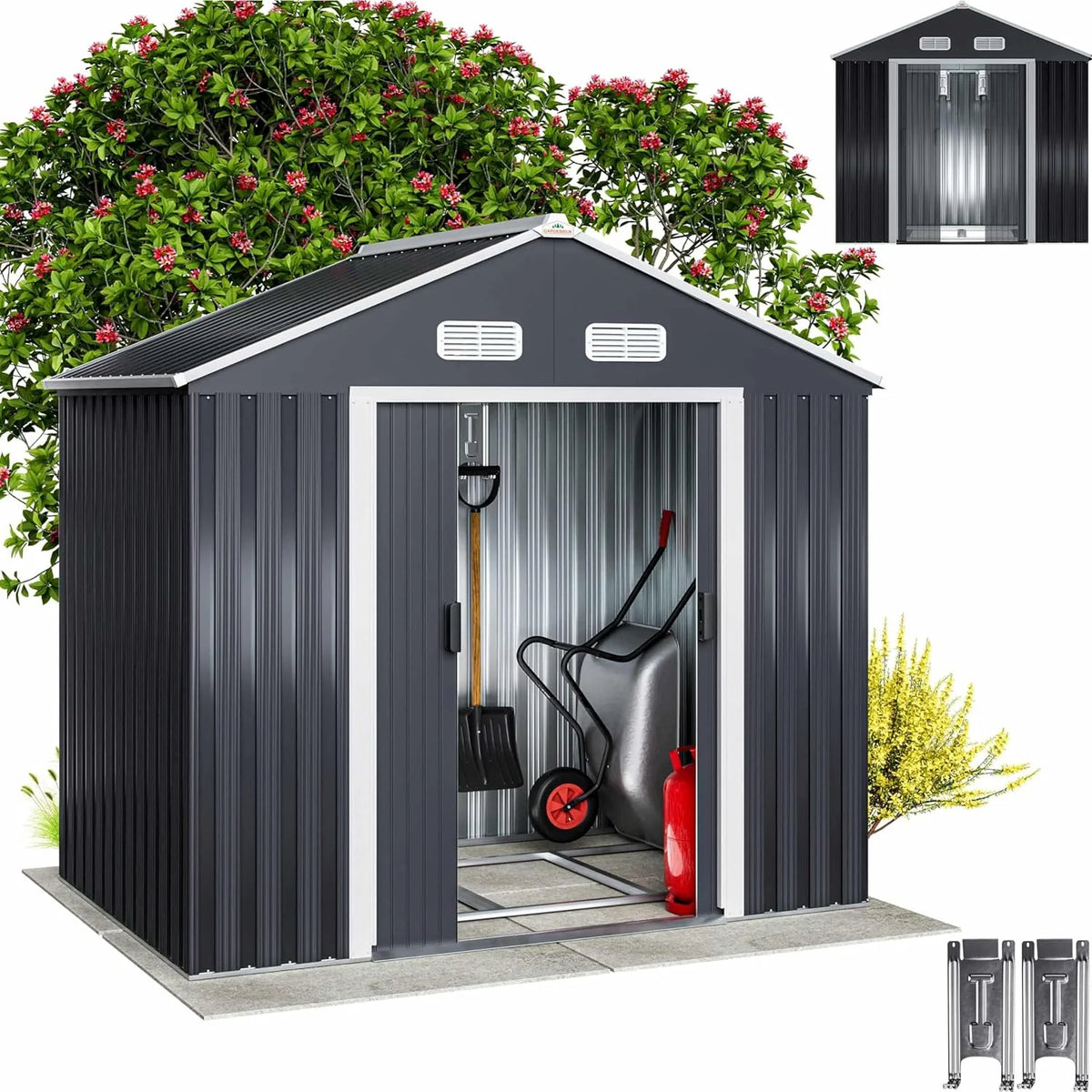 GARDEBRUK® Galpão de Jardim 2 m² 196x132x188cm Armazenamento de Metal Exterior 4m³ com Base Porta Deslizante Antracite